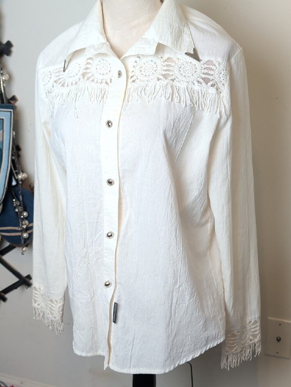 Vintage Lilia Smitty Western Fringe Blouse White Crochet Lace Fringe